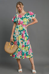 Umgee Full Size Tiered Floral Print Notched Puff Sleeve Midi Dress Plus Size MINTMIX OutfitFlow
