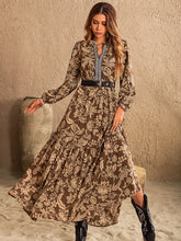 Ruched Printed Notched Long Sleeve Maxi Dress Taupe OutfitFlow