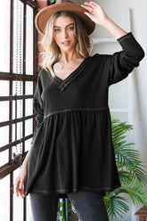 Heimish Full Size V-Neck Long Sleeve Ribbed Babydoll Top Black OutfitFlow