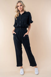 White Birch Texture Short Sleeve Jumpsuit Black OutfitFlow