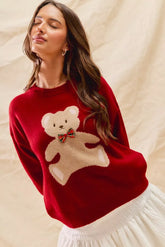 SO ME Teddy Bear With Check Ribbon Christmas Sweater RED OutfitFlow