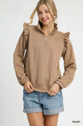 Umgee Cable Knit Textured Pullover with Ruffle Shoulders Taupe OutfitFlow