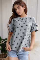 Star Print Tiered Ruffled Sleeve Crew Neck T Shirt Gray OutfitFlow