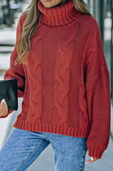 Cable-Knit Turtleneck Dropped Shoulder Sweater Rust OutfitFlow