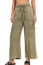 Zenana Washed Linen Elastic Band Waist Cargo Pants LT OLIVE OutfitFlow