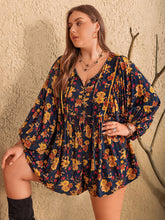 Plus Size Floral Tie Neck Balloon Sleeve Romper Dark Blue OutfitFlow