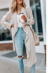 Open Front Long Sleeve Trench Coat Khaki OutfitFlow