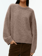 Round Neck Drop Shoulder Sweater Taupe One Size OutfitFlow