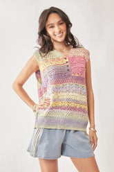 Davi & Dani Multi Color Crochet Sleeveless Knit Vest Top PASTEL MULTI OutfitFlow