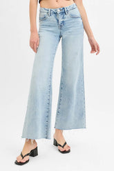 RISEN Full Size Tummy Control Low Rise Wide Leg Raw Cut Hem Jeans Plus Size LIGHT OutfitFlow