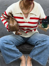 Striped Knit Polo Collar Sweater Red OutfitFlow