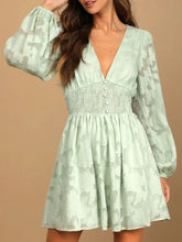 Smocked V-Neck Balloon Sleeve Dress Light Green OutfitFlow
