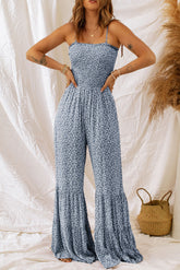 Smocked Printed Wide Strap Jumpsuit Dark Blue OutfitFlow
