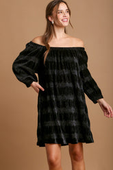 Umgee Off-Shoulder Balloon Sleeve Velvet Mini Dress Black OutfitFlow