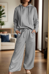 Drawstring Long Sleeve Hooded Top and Pants Set Gray OutfitFlow