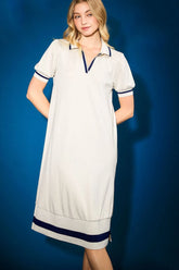 Umgee Side Slit Contrast Trim Short Sleeve Dress Cream OutfitFlow