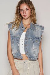 POL Assymetrical Front Closure Raw Hem Denim Vest DENIM OutfitFlow