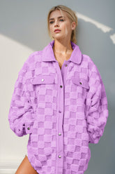 Double Take Button Up Fuzzy Checkered Shacket Lilac OutfitFlow