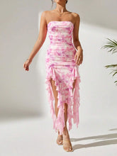 Tie-Dye Strapless Ruffle Hem Dress Pink OutfitFlow