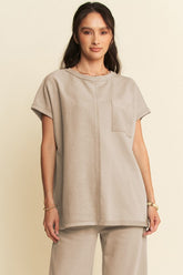 Davi & Dani Round Neck Short Sleeve Top and Pants Set Khaki OutfitFlow