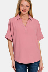 Zenana Texture Collared Neck Short Sleeve Top Lt Rose OutfitFlow