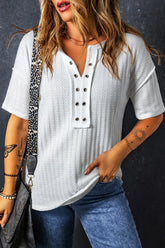 Textured Hollow Grommet Placket Split Neck Short Sleeve Top White OutfitFlow