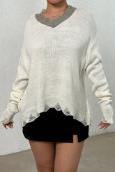Distressed V-Neck Dropped Shoulder Sweater White OutfitFlow