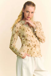 Davi & Dani Floral Mesh Long Sleeve Sheer Layering Top CREAM LATTE OutfitFlow