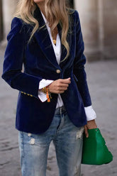 One Button Lapel Collar Long Sleeve Blazer Navy OutfitFlow