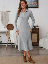 Collared Neck Long Sleeve Midi Dress Gray OutfitFlow
