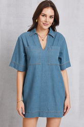 Pocketed Collared Neck Mini Denim Dress Medium OutfitFlow