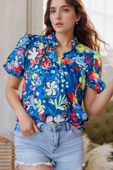 Floral Print Ruffle Sleeve Loose Blouse Royal Blue OutfitFlow