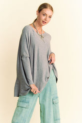 Davi & Dani Round Neck Dropped Shoulder Long Sleeve Knit Top Gray OutfitFlow