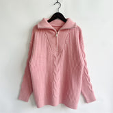 Ribbed Half Zip Long Sleeve Sweater Dusty Pink OutfitFlow