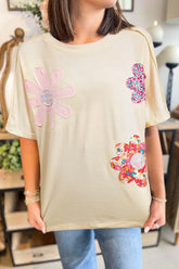 Flower Patched Exposed Stitching Trim Crew Neck Loose Tee Cream OutfitFlow