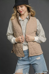Umgee Quilted Zip-Up Vest Taupe OutfitFlow