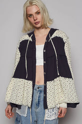 POL Color Block Printed Frayed Hem Hooded Shacket Dark Navy OutfitFlow