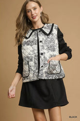 Umgee Toile Quilted Vest with Ruffle Collar Black OutfitFlow