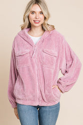 Culture Code Faux Fur Zip Up Hooded Jacket with Side Pockets Fuchsia Pink OutfitFlow