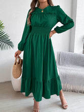 Round Neck Balloon Sleeve Tiered Dress Dark Green OutfitFlow