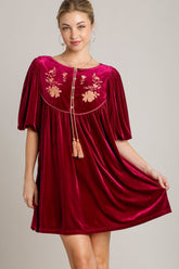 Umgee Embroidered Half Sleeve Velvet Mini Dress with Tassel Burgundy OutfitFlow
