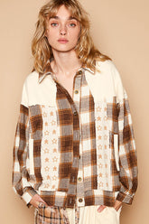 POL Plaid & Star Patchwork Contrast Long Sleeve Shacket Beige OutfitFlow