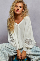 POL V-Neck Long Sleeve T-Shirt with Lace Detail White OutfitFlow