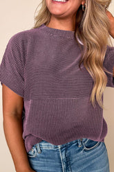 Corded Knit Mock Neck Short Sleeve T Shirt Mauve OutfitFlow