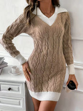 Cable Knit Contrast Trim Sweater Dress Khaki OutfitFlow
