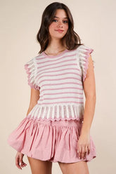 VERY J Ruffle Detail Striped Knit Sweater Top Blush OutfitFlow