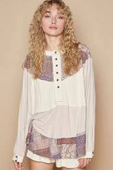 POL Half Button Balloon Sleeve Top with Printed Knit Contrast OATMEAL OutfitFlow