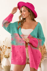 BiBi Color Block Ponpon Sweater Cardigan Turquoise Pink OutfitFlow