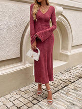 Devine Tied V-Neck Long Sleeve Sweater Dress Deep Purple OutfitFlow