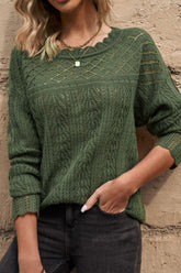 Openwork Round Neck Long Sleeve Knit Top Dark Green OutfitFlow